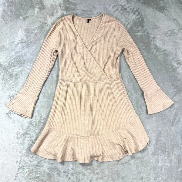 Beige Ribbed Bodycon Dress Medium Boho Western Cowgirl Waist Cinch Minimalist - Image 2