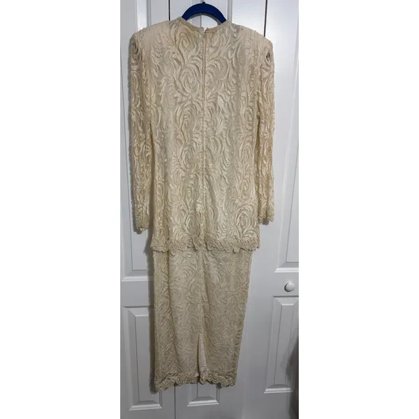 Vintage Maxi‎ Dress Lace Beaded Cream Elegant Evening Gown 80s 90s OS - Image 9