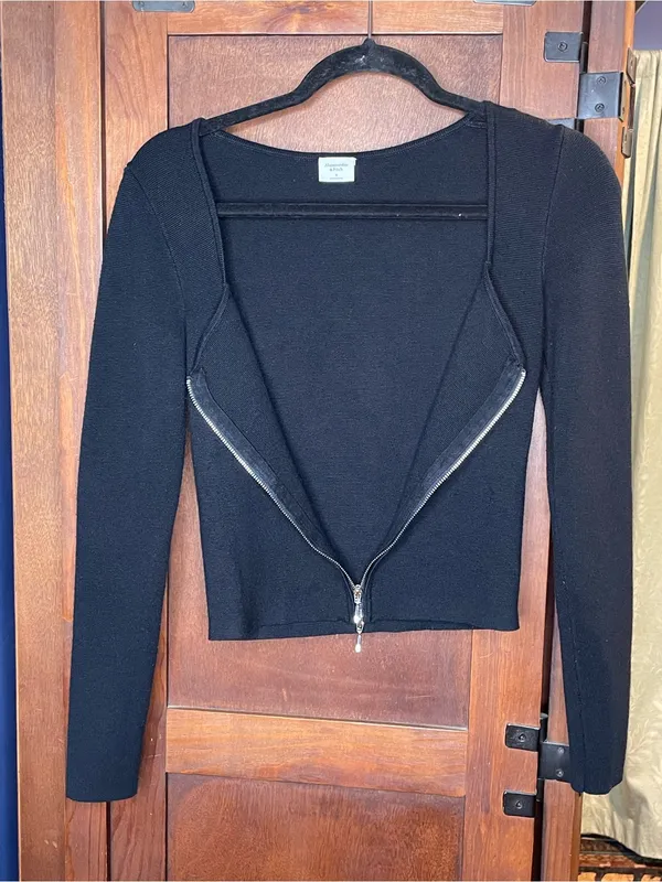 Abercrombie & Fitch Womens Zip Front Cardigan Top Small Black Fitted Y2K Ribbed - Image 3