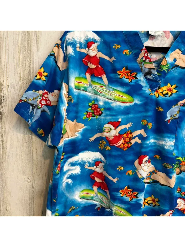 Peaches Uniforms Large Tropical Santa Christmas Scrub Top Surfing Hawaiian - Image 4