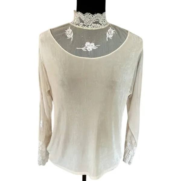 Sheer Lace High Neck Blouse Ivory Embroidered Korea Vintage Style Medium - Image 2