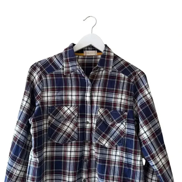 Altar’d State Shirt Button Front Blue Plaid Flannel Mixed Media Lace SZ L #2315 - Image 2