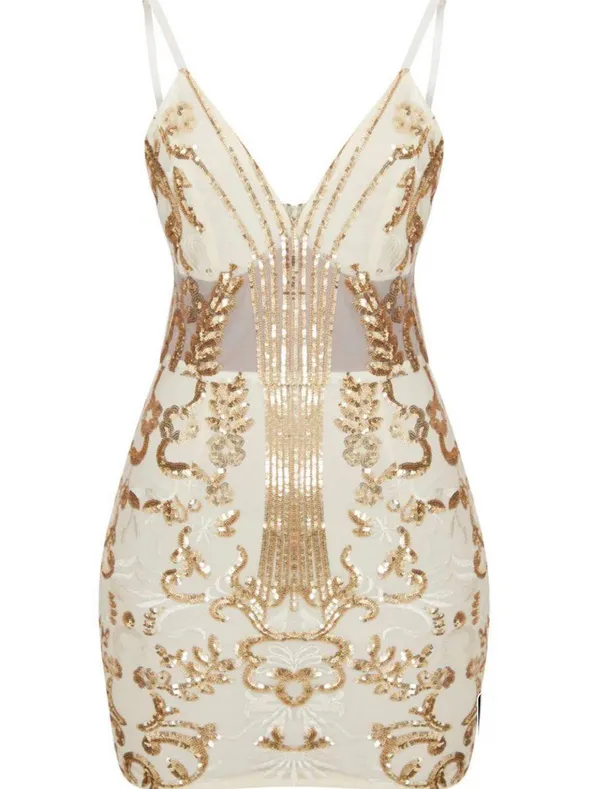 PRETTYLITTLETHING Gold Sheer Strappy Sequin Bodycon Dress - Image 3