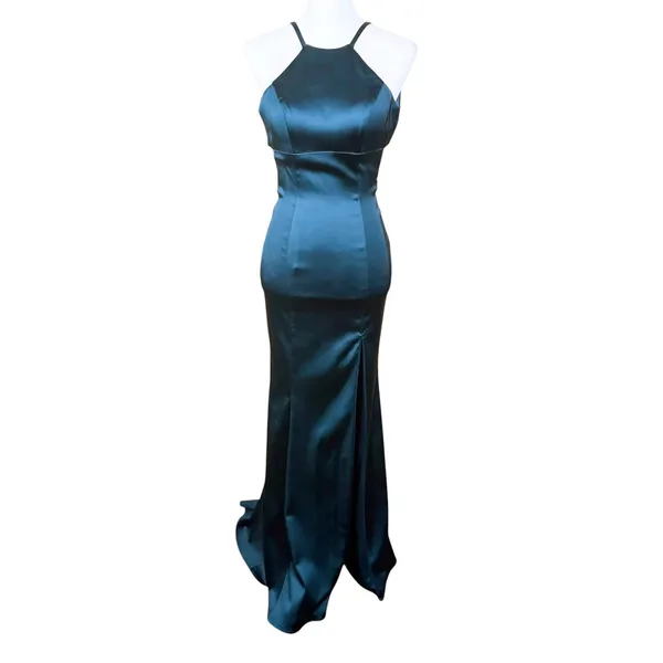 Sherri Hill Formal Gown Size 00 Teal Satin Open Back High Slit Prom Dress Party - Image 3