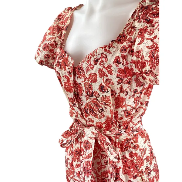 Find Me Now Red Floral Short Puff Sleeve Smocked Tie Waist Crop Jumpsuit Size M - Image 2