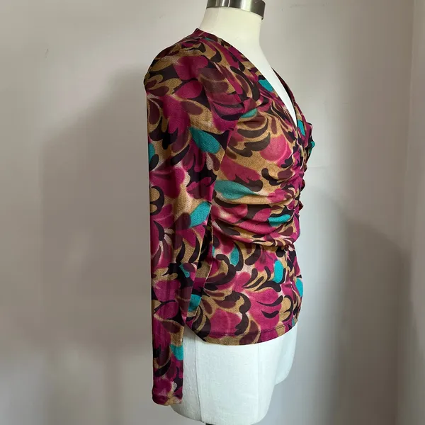 Y2K New York & Company Floral Cinched Waist Long Sleeve Blouse‎ Size Small - Image 3