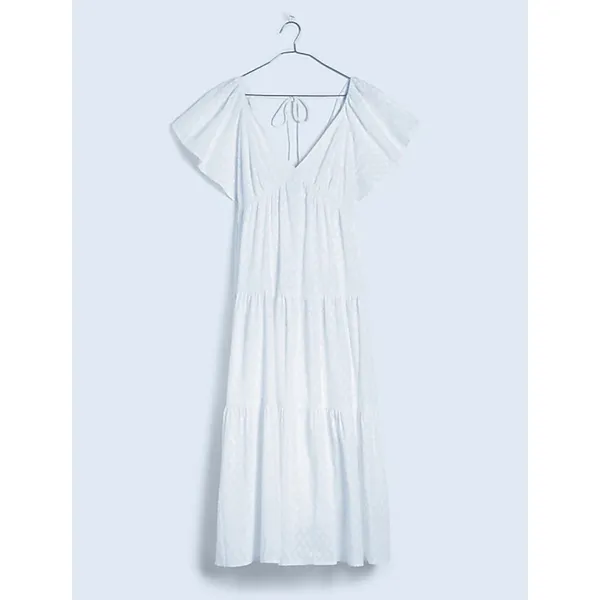 Madewell Tie Back Flutter Sleeve Tiered Midi Dress White Cottagecore US 00 NWT - Image 5