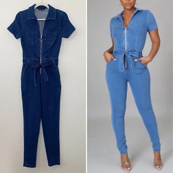 NWOT Haute Monde Zip Up Front Denim Short Sleeves Bodycon Jumpsuit, Sz Small - Image 2