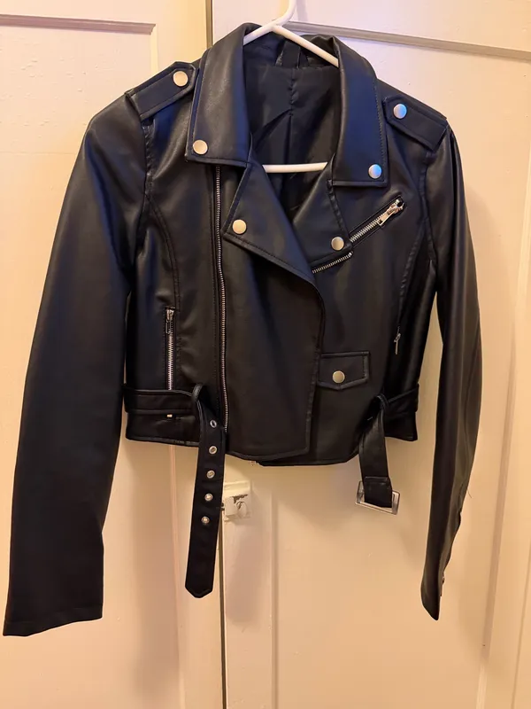 Windsor Windsor Black Faux Leather Belted Moto Jacket with Silver Hardware - Image 2