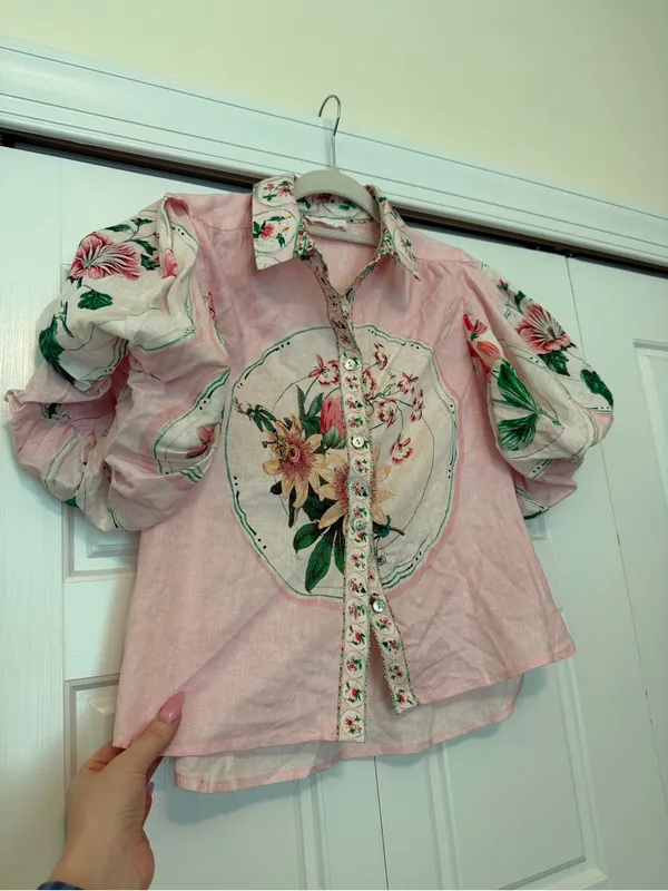 A loves A Pink Floral Button-Up Womens Blouse with Puff Sleeves - Image 2
