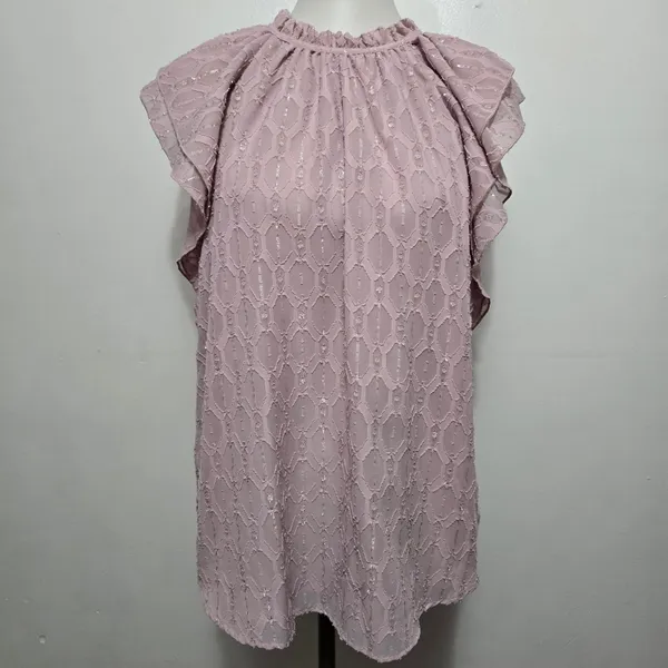 LOFT Ruffle Sleeve Top Blouse Lightweight Metallic Ice Rose Size L Feminine - Image 2