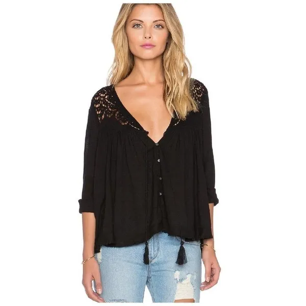 Free People Doin' It Right‎ Black Eyelet Top Women's Size XS Boho - Image 7