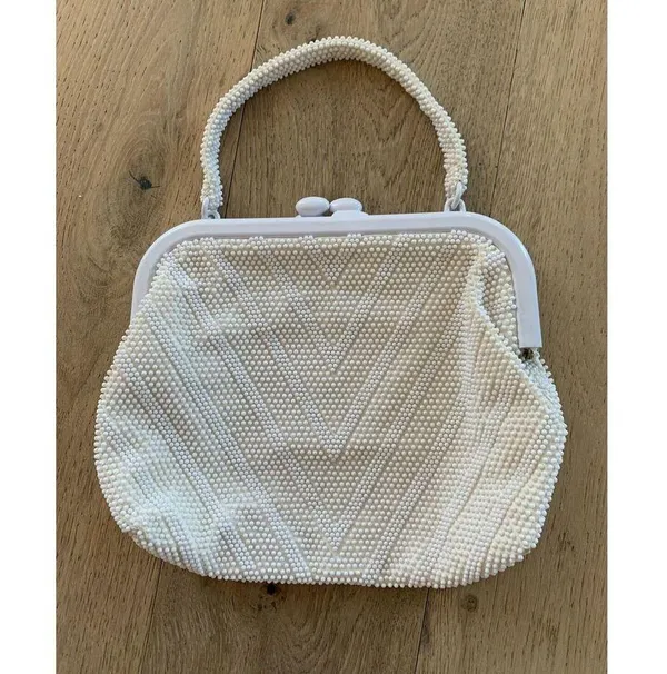 vintage marchioness fully beaded elbow handbag cream ivory Pearl wrist champagne - Image 4