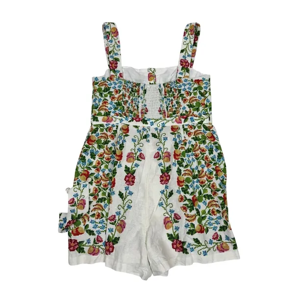 Farm Rio Tropical Romance Floral Romper White Cross Stitch Print Size M - Image 3
