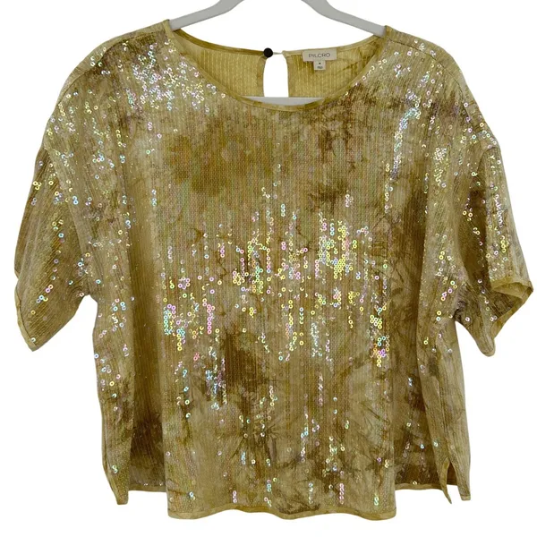 Pilcro‎ Anthropologie Gold Sequin Boxy Oversized Short Sleeve Top Medium Womens - Image 2