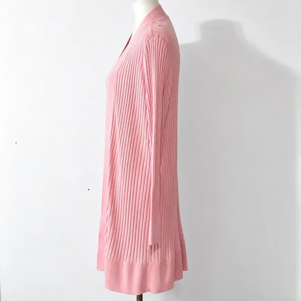 LOFT Cardigan L Pink Ribbed Open Front Duster Longline Sweater Pastel Preppy - Image 3