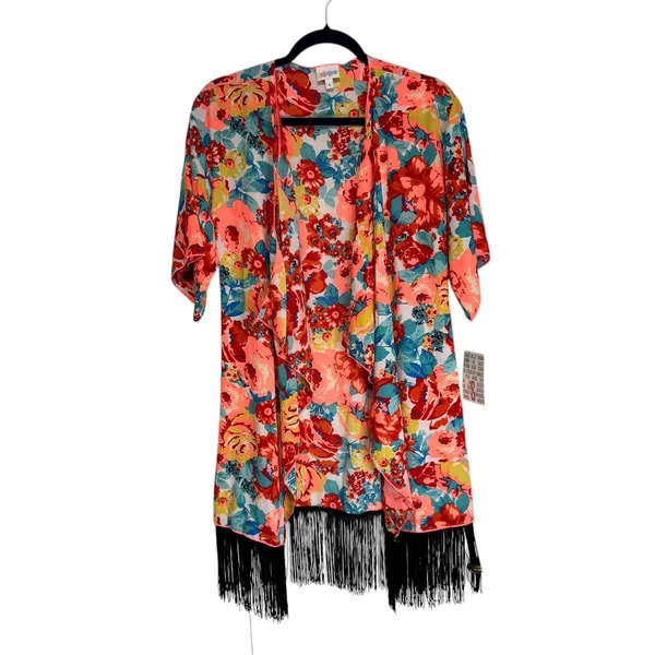 LuLaRoe Monroe Kimono Cardigan Floral Fringe‎ Coral Blue Yellow Pink Size S - Image 8