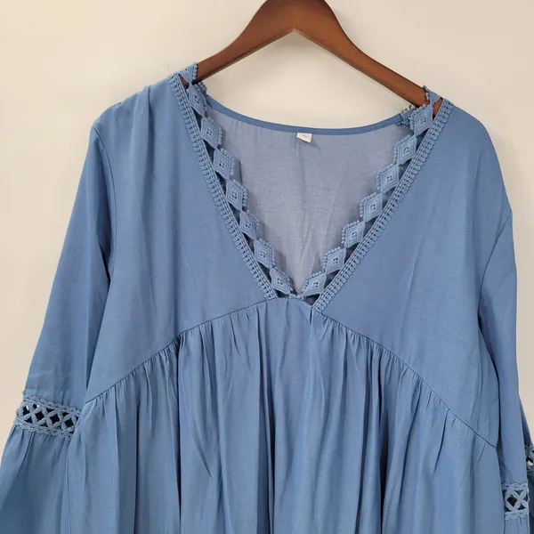 Boho Dress XL Blue Lace Crochet Trim Flowy Midi Casual Party Tiered Ruffle Rodeo - Image 12