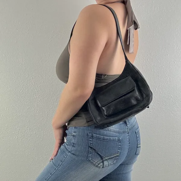 FOSSIL Vintage 90s Y2K Black Leather Edgy Grunge Moto Small Shoulder Bag Purse - Image 2