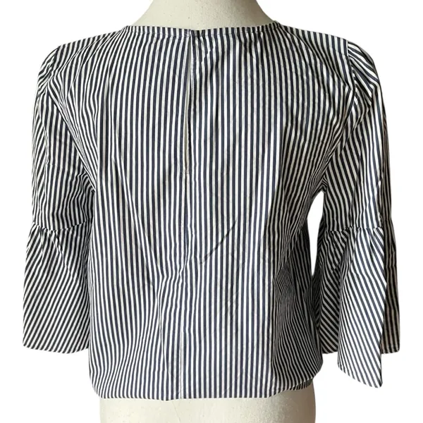 Zara Navy and White Striped Blouse Poplin Bell Sleeves Pearl Accent 3/4 Sleeves‎ - Image 5