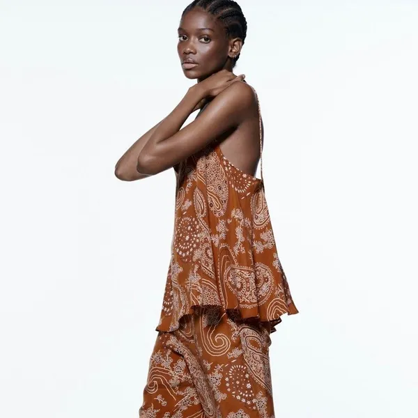 Zara Brown V Neck Boho Sleeveless Floral Paisley Camisole Cami Tank Top Sz XS - Image 2