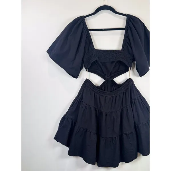 Free People Mini Dress Black Cross Of Sunlight Cutout Waist Smocked Tiered Small - Image 8