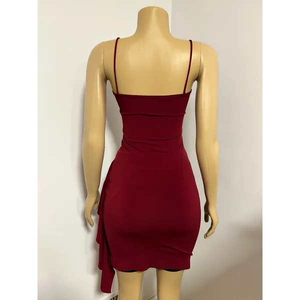 Papaya Burgundy Ruched Bodycon Mini‎ Dress Side Ruffle Spaghetti Strap Red Small - Image 4