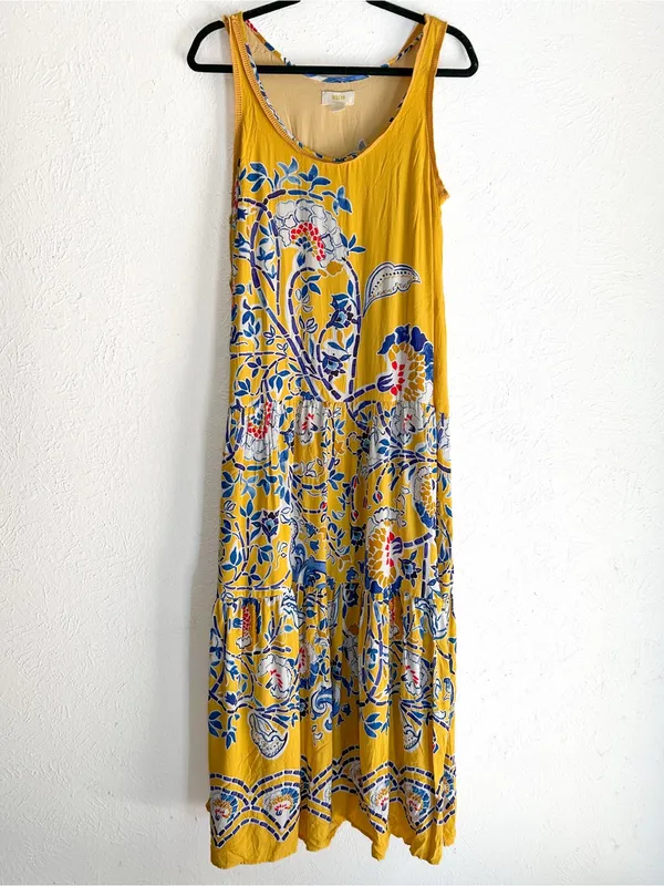 Anthropologie Maeve Puebla Printed Tiered Maxi Dress Yellow Blue Medium - Image 3