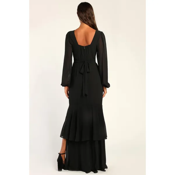 Lulus Tier Elegance Black Long Sleeve Tiered Maxi Dress Chiffon Formal M NWT - Image 3