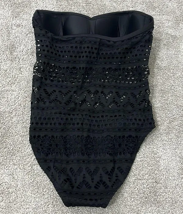 New Large Black Strapless Sheer Crochet One Piece Swim Suit with Button Detail - Image 7