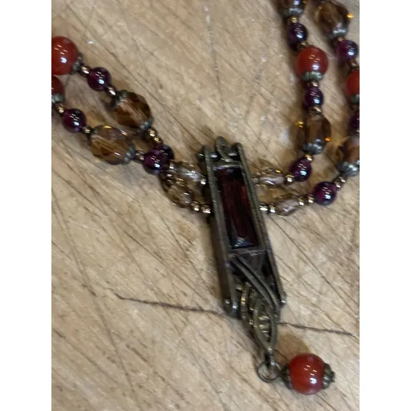 Vintage Multi-Strand Necklace With Red & Amber Beads Bronze Pendant & Chain Intr - Image 6