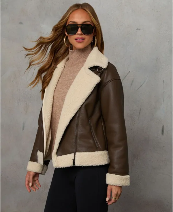 Vici Faux leather sherpa trim coat - Image 3