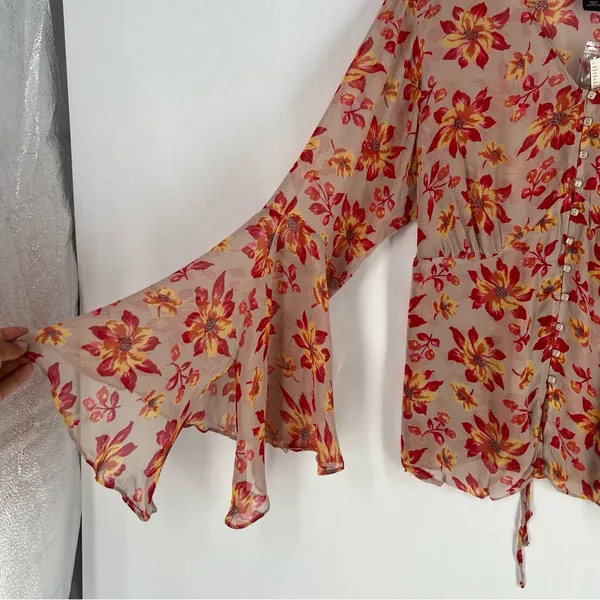 Venezia Sheer Chiffon Floral Blouse‎ Button Front V-Neck Flare Sleeve Boho 14/16 - Image 5