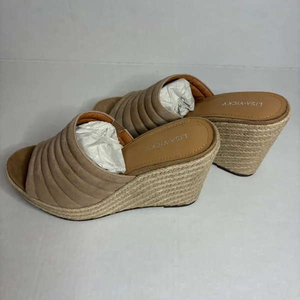 Lisa Vicky Tan‎ Camel Kid Suede Wedge Espadrille Platform Sandal Mules Size 9 - Image 4