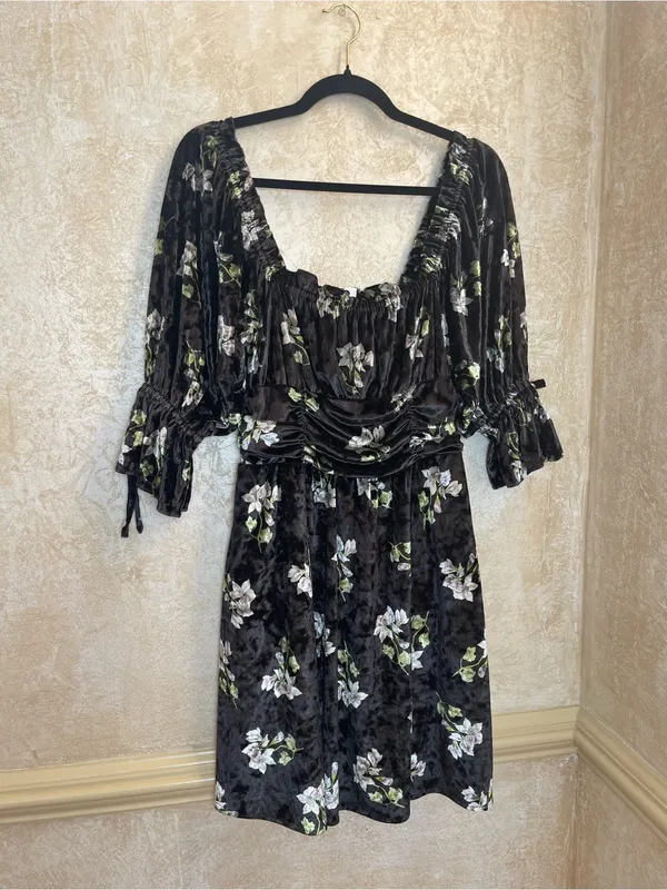 Hutch Black Velvet Floral Ruched Square Neck Mini Dress Size M Whimsigoth - Image 5