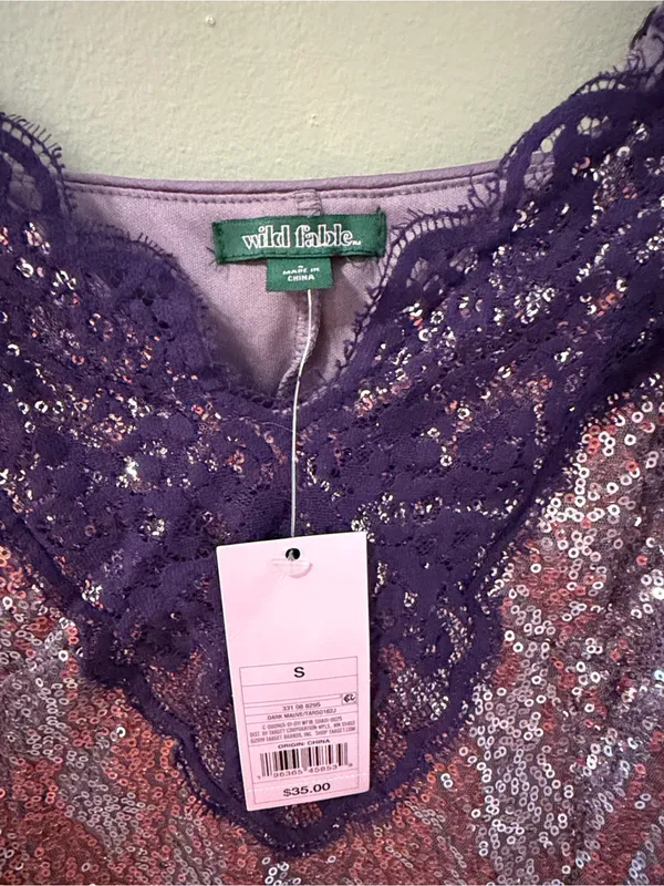 Wild Fable Women Sequin Slip Y2K Mini Dress S Purple Metallic Lace Sexy Glam - Image 3