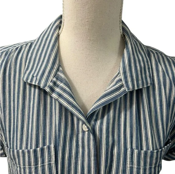 Japna 100% Cotton Blue White Striped Elastic Waist Mini Dress Pockets Medium - Image 3