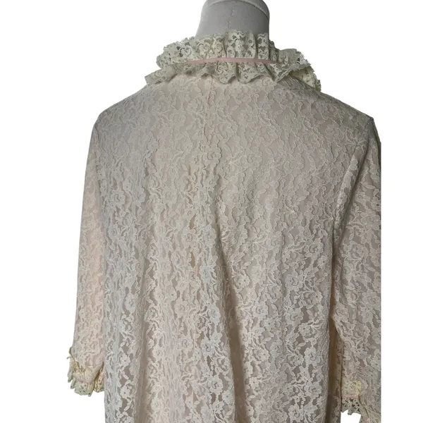 Vintage Lady Irene Lace Ruffle Peignoir Robe L Ivory Pink Ribbon Nylon Nightgown - Image 2