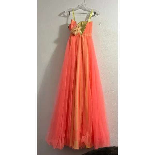Coral orange ombré beaded tulle prom dress 00 XXS maxi princess - Image 4