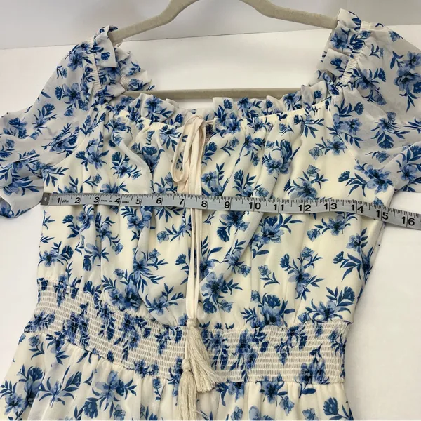 Love‎ Colette Off The Shoulder Maxi Dress Blue White Floral Womens Size Medium - Image 6