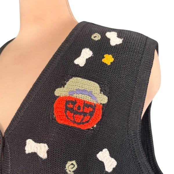 Vintage Karen Scott Halloween Sweater Vest Hand Embroidered Ghost Pumpkin Witch - Image 5