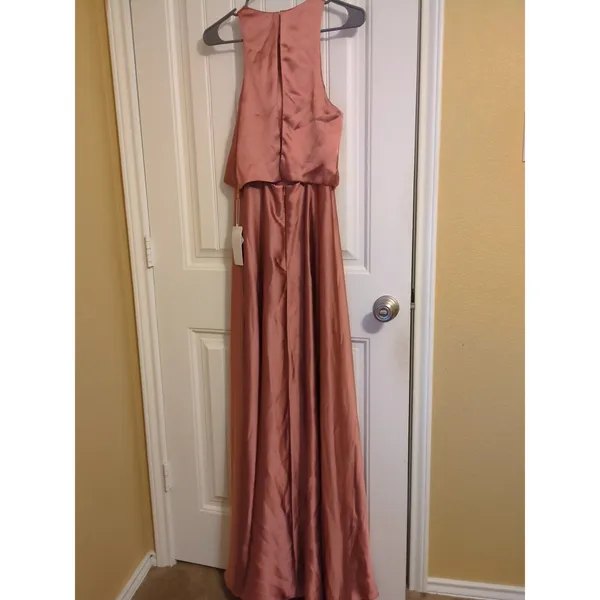 Revelry Wren Satin Fitted High Neck A-line Bridesmaid Dress 6 Desert Rose - Image 7