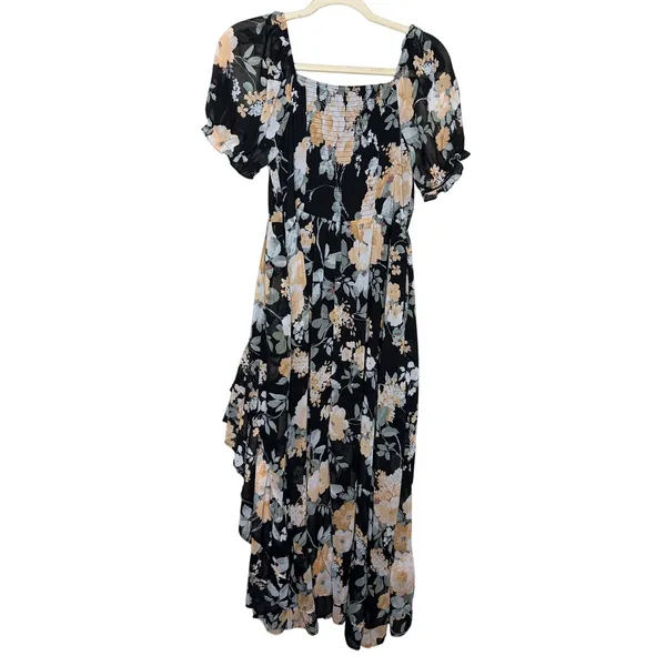 Scarlet Darkness Floral Maxi Dress M Smocked Puff Sleeve Cottagecore - Image 11