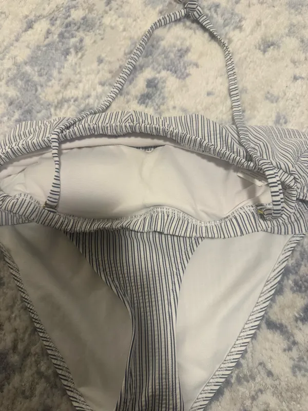 Striped Bandeau Bikini Set in White and Navy - Image 3