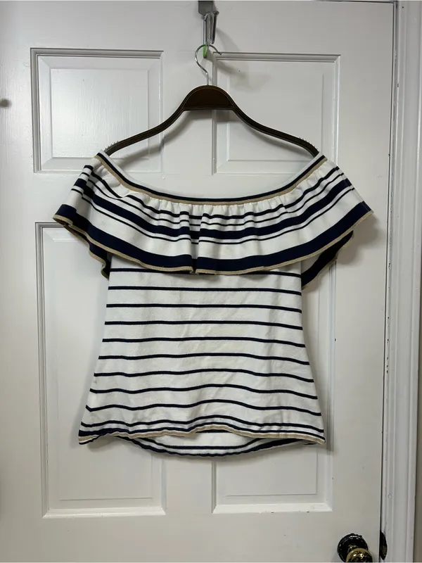 Lilly Pulitzer Navy & White Striped Off-Shoulder Ruffle Tank - Image 3