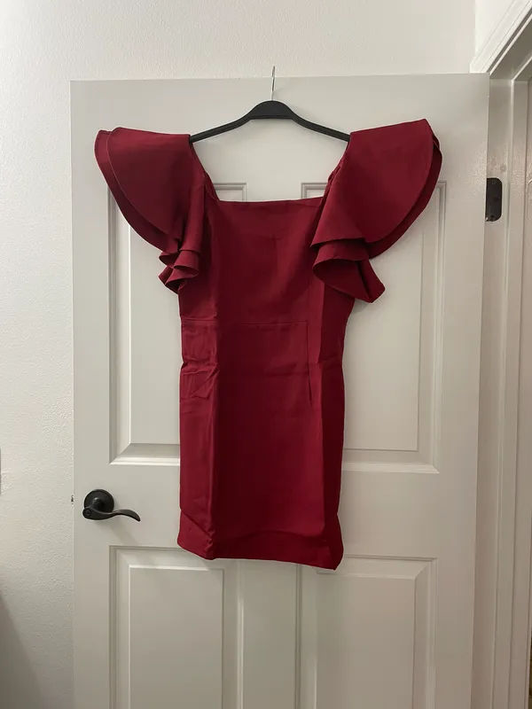 The Clothing Company | NWOT | Square Neck Ruffle Sleeve Dress | M | Burgundy | CD02485 - Image 2