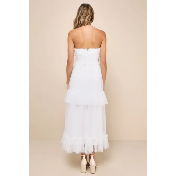 Lulus Women L White Tulle Swiss Dot Strapless Tiered Midi Dress NEW Romantic - Image 3