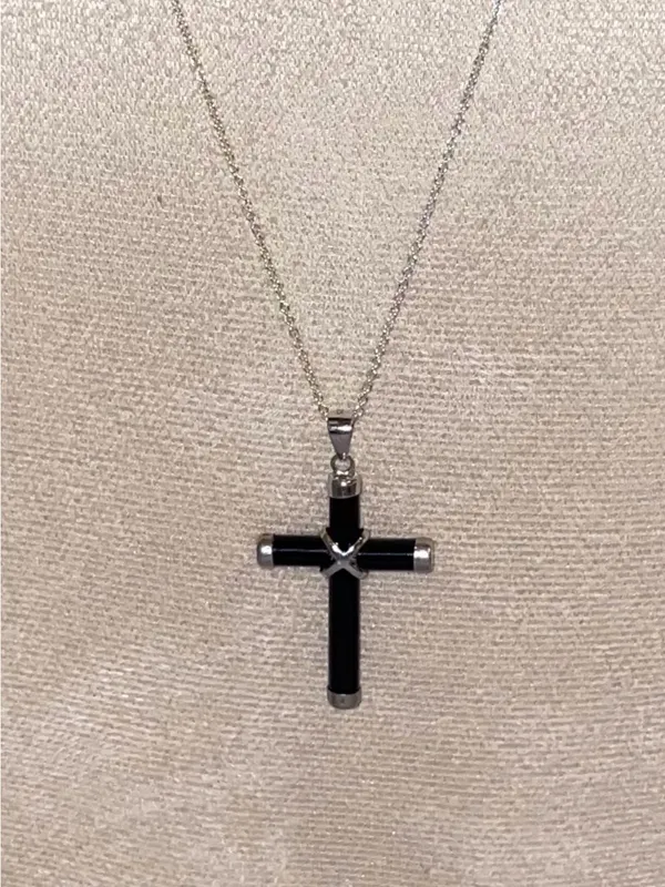 Unisex Black Cross Pendant Necklace Silver Tone Chain Gothic Religious Jewelry - Image 3