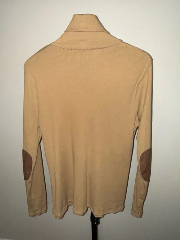 Lauren Ralph Lauren Women's Beige Ribbed Turtleneck with Suede Elbow Patches XL - Image 3