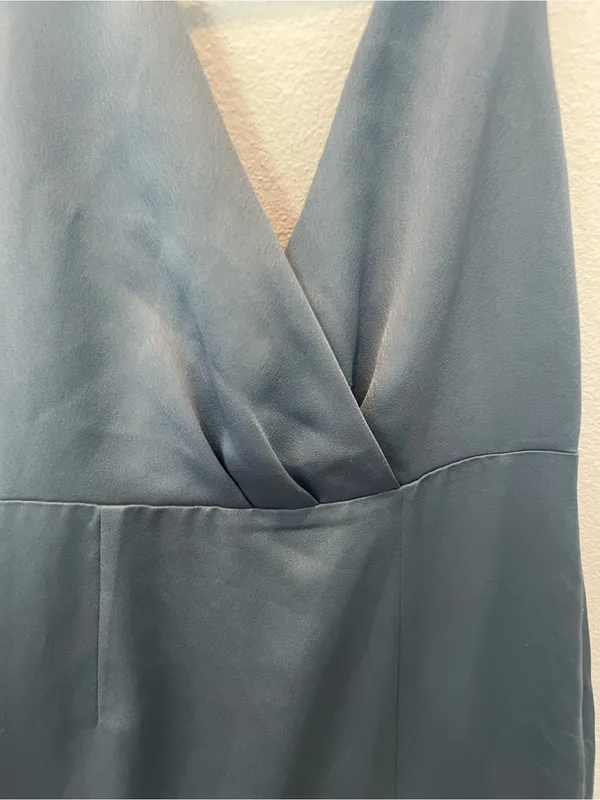 Anthropologie Bhldn Dusty Blue Piper V-Neck Side Slit Satin Gown - Image 6